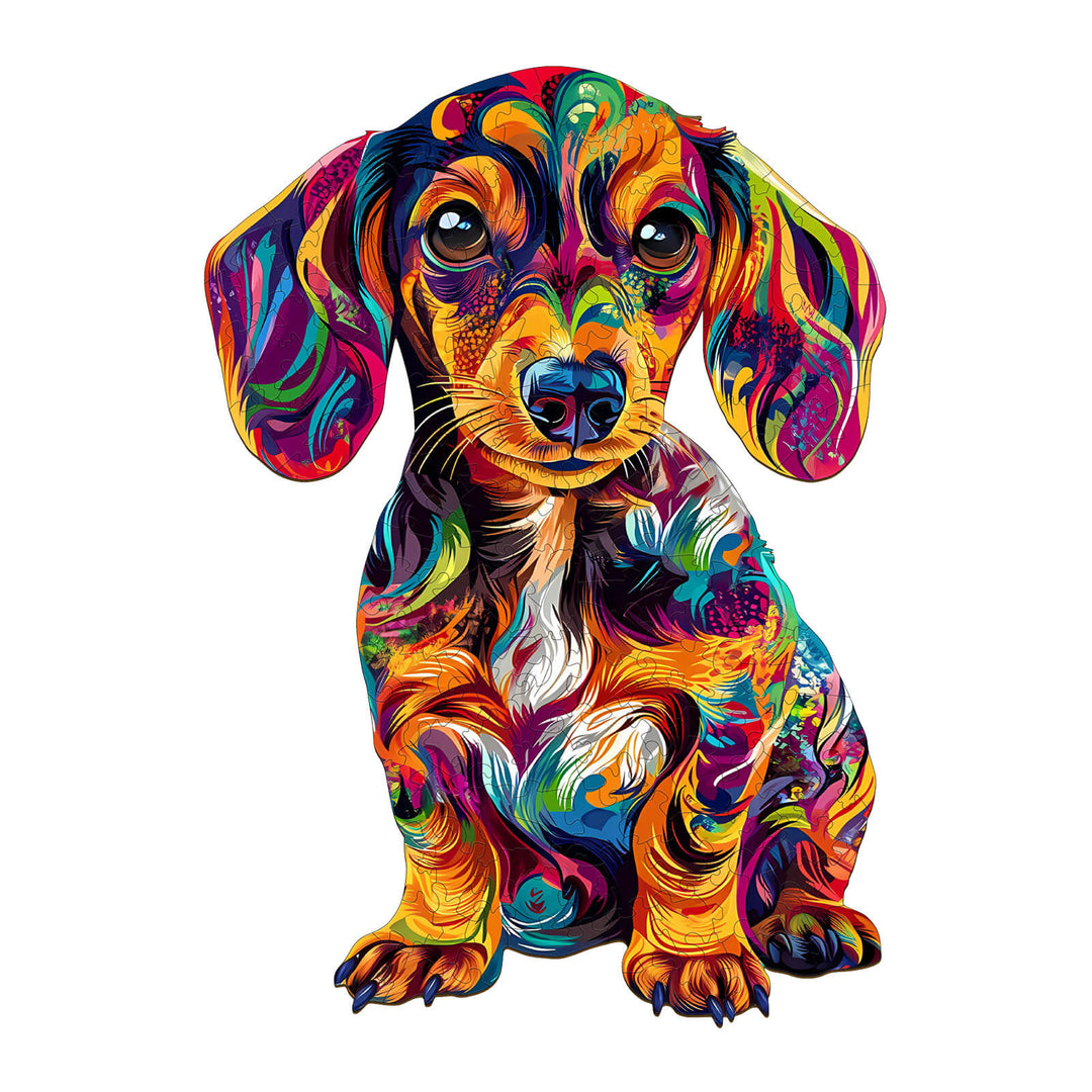 Colorful Dachshund wooden jigsaw puzzle for mind games, focus, and cognitive skills development.