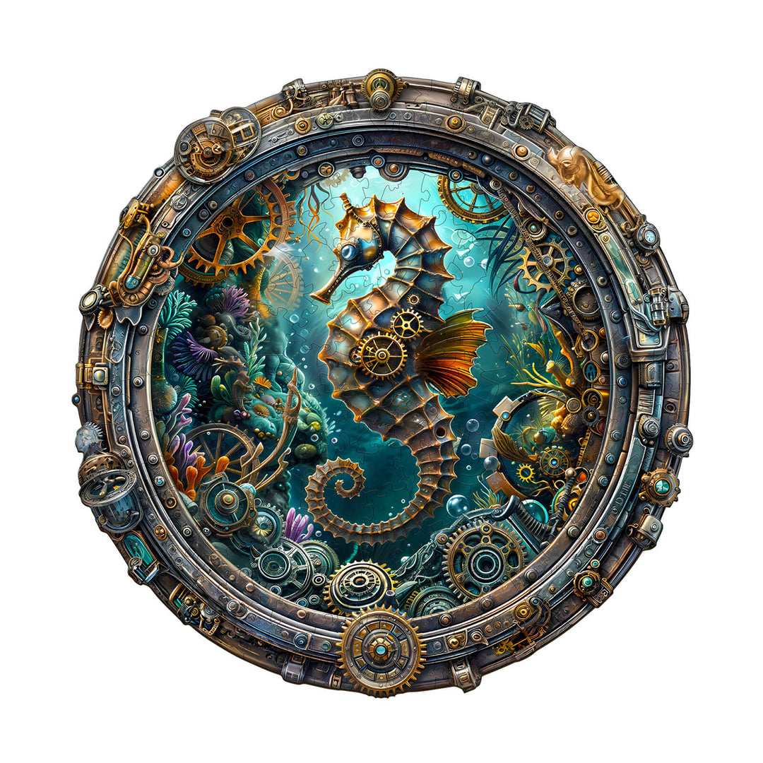 Abyssal seahorse wooden jigsaw puzzle featuring intricate underwater steampunk design with gears and vibrant colors.