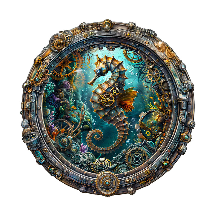 Abyssal seahorse wooden jigsaw puzzle featuring intricate underwater steampunk design with gears and vibrant colors.