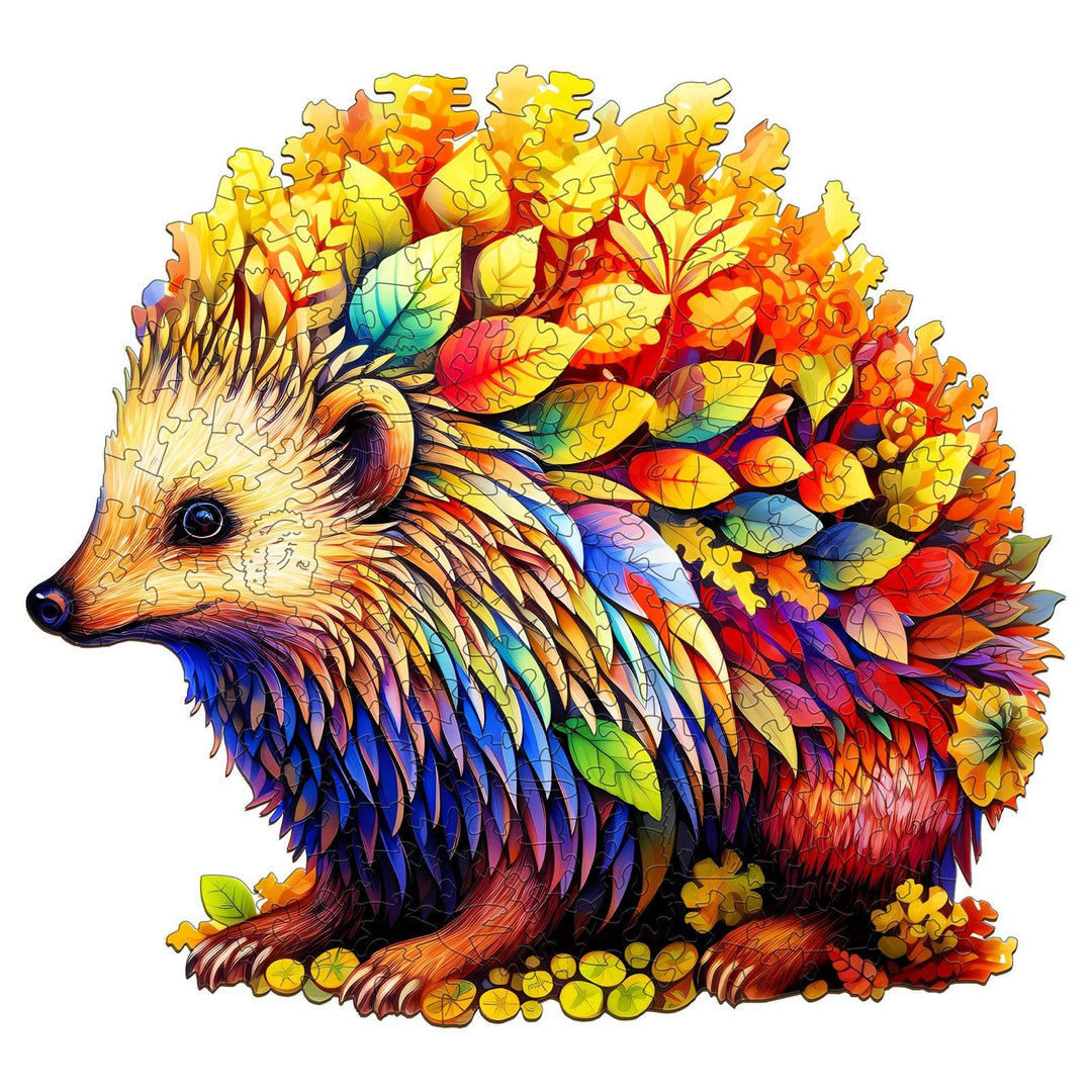 Colorful Clever Hedgehog wooden jigsaw puzzle featuring vibrant leaves, designed for creative mind games and fun challenges.