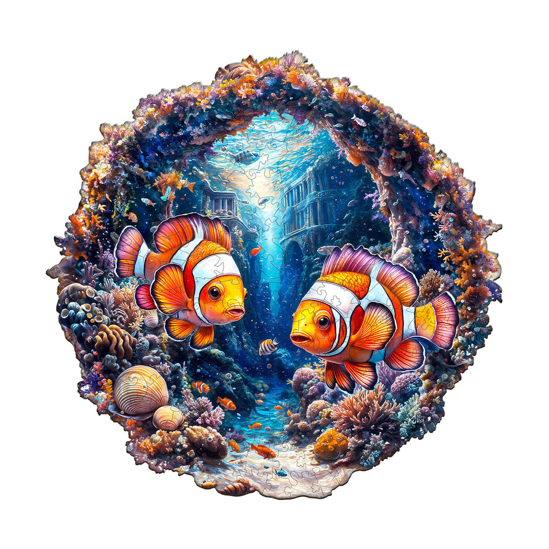 Clownfish Journey wooden jigsaw puzzle featuring vibrant clownfish and underwater scene, perfect for mind games and focus.