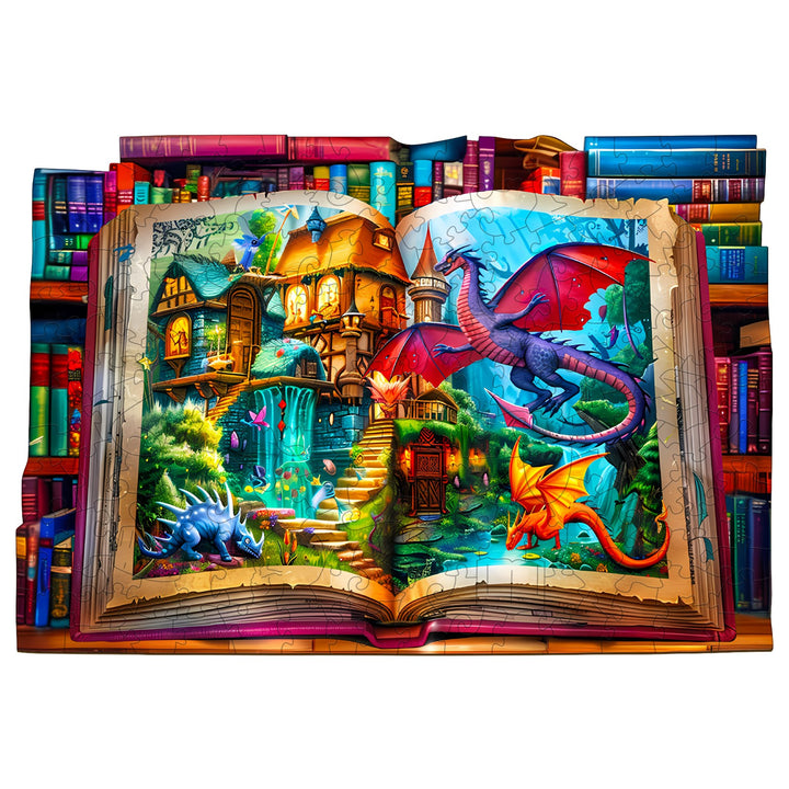Fantasy world wooden jigsaw puzzle featuring dragons and a magical book scene, perfect for mind games and focus.