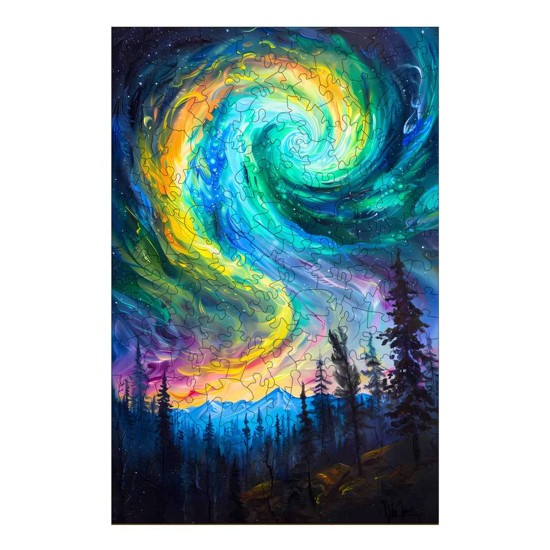 Night Aurora-1 wooden jigsaw puzzle featuring vibrant swirling colors and silhouette of trees against a night sky.