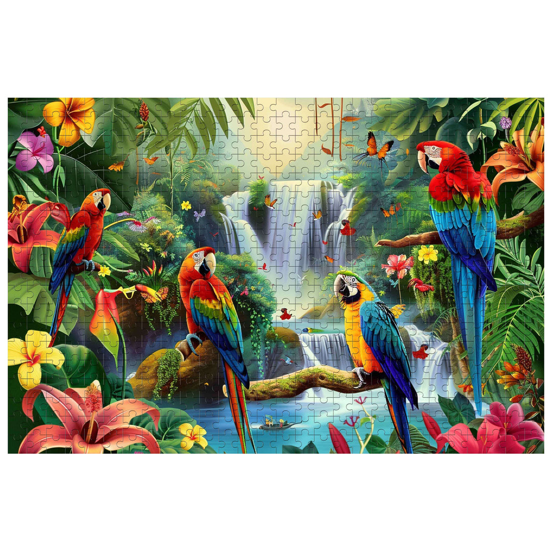 Tropical Rainforest 500/1000 piece puzzle featuring colorful parrots and a serene waterfall surrounded by lush flora.