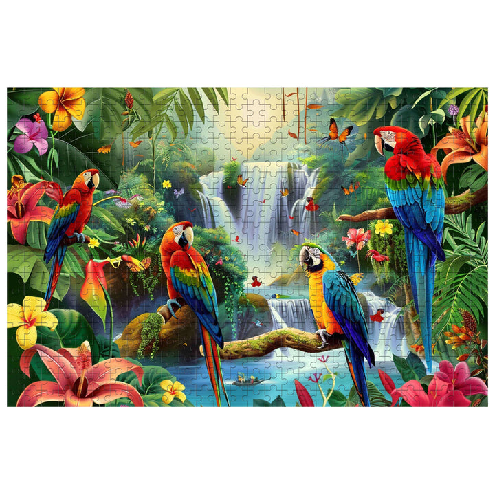 Tropical Rainforest 500/1000 piece puzzle featuring colorful parrots and a serene waterfall surrounded by lush flora.
