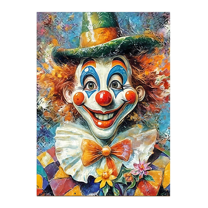 Vibrant oil painting of a cheerful clown with colorful hair, bow tie, and flowers, perfect for jigsaw puzzle enthusiasts.