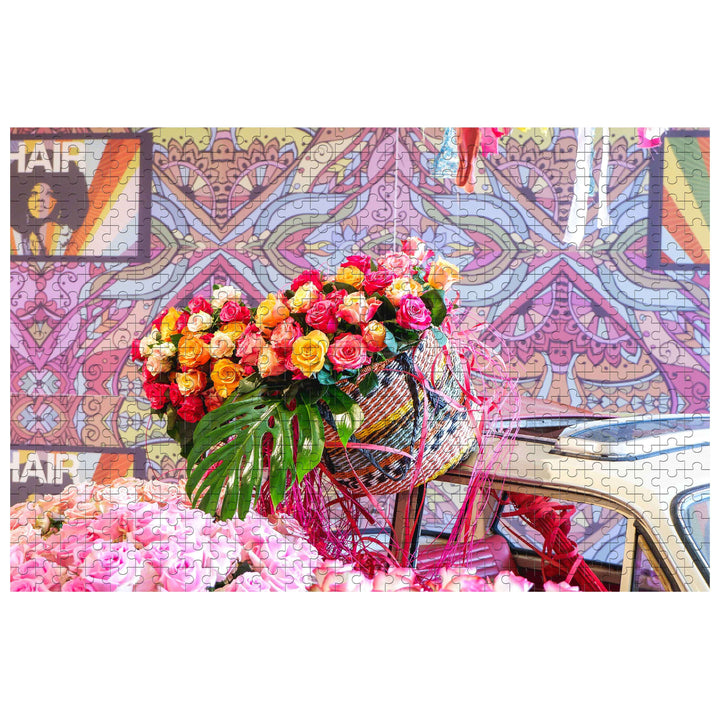 Colorful flower basket jigsaw puzzle featuring roses and vivid background, ideal for enhancing focus and cognitive skills.