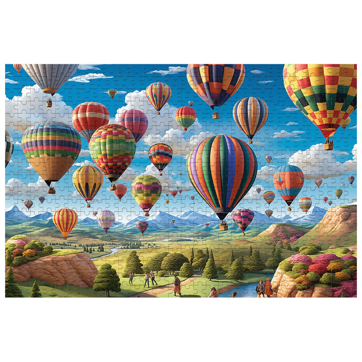 Colorful hot air balloons in a scenic landscape jigsaw puzzle, perfect for enhancing focus and critical thinking.