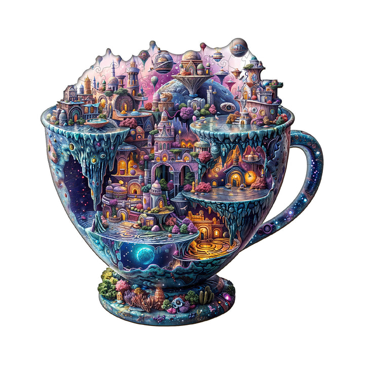 Interstellar City Wooden Jigsaw Puzzle featuring a fantastical cup-shaped landscape with vibrant colors and surreal features.
