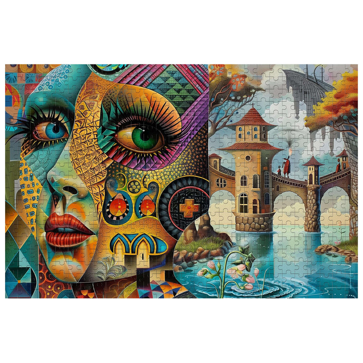 Colorful Fantasy Land 500/1000 piece jigsaw puzzle showcasing intricate face and scenic bridge image.