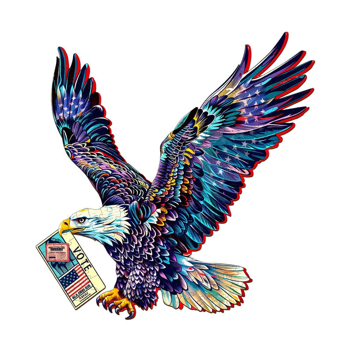 Colorful illustration of a Bald Eagle carrying a voting ballot, symbolizing democracy and civic engagement in a jigsaw puzzle.