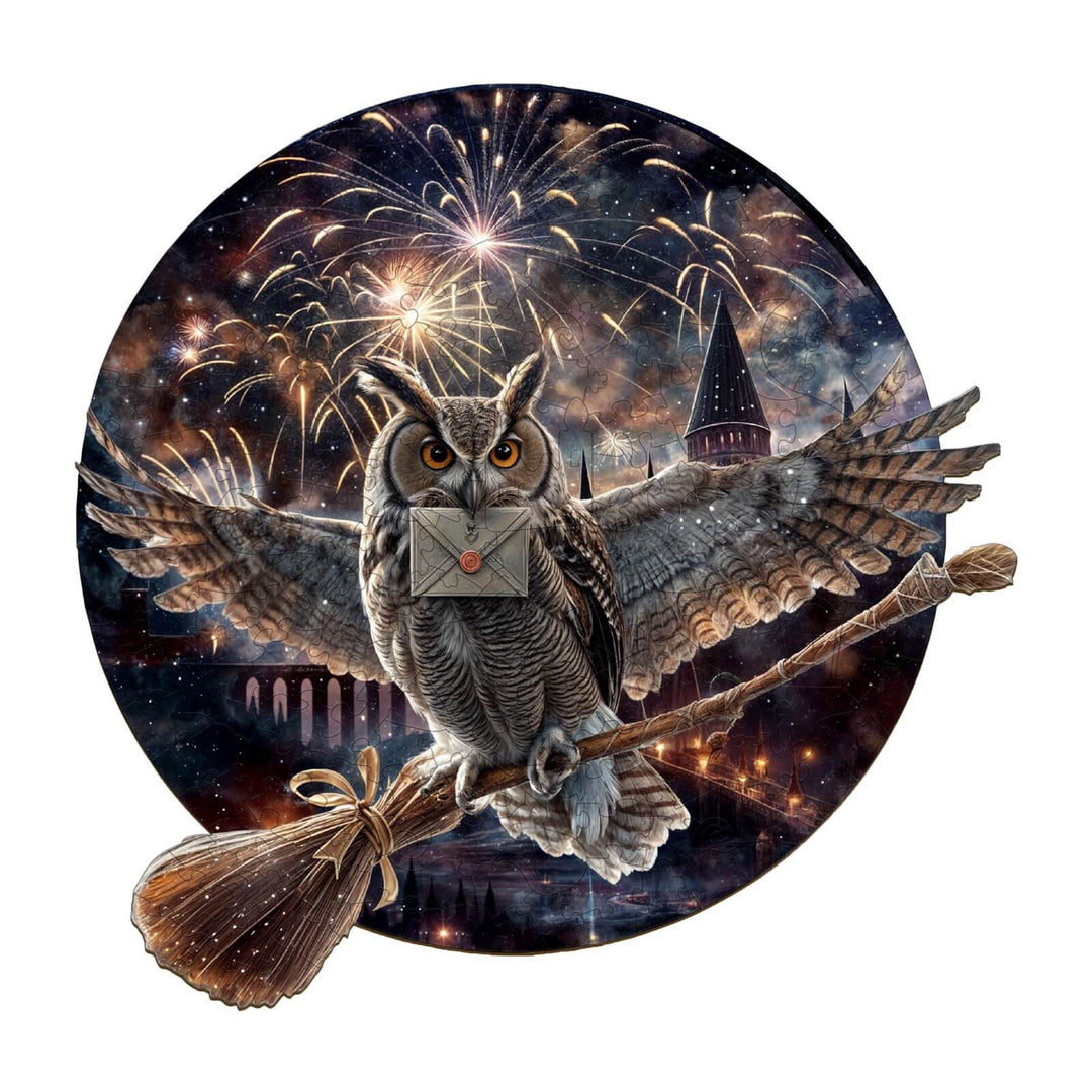 Colorful Magic Owl wooden jigsaw puzzle featuring an owl with a letter on a broomstick against a festive night sky.