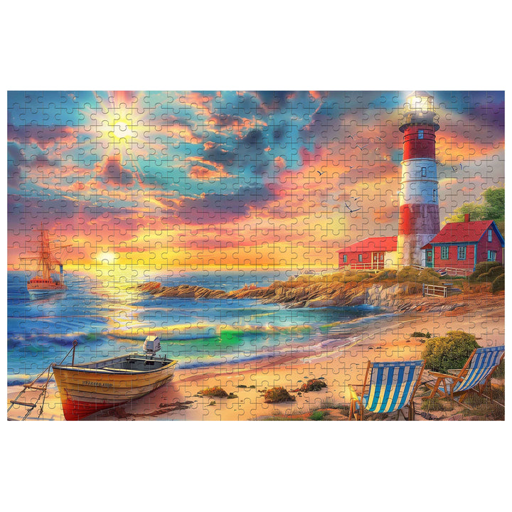 Colorful jigsaw puzzle of a lighthouse at sunset near the beach, featuring boats and beach chairs.