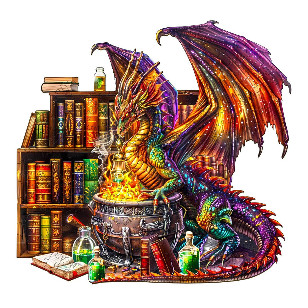 Dragon Magic Potion Wooden Jigsaw Puzzle featuring a colorful dragon and cauldron with magical books in the background.