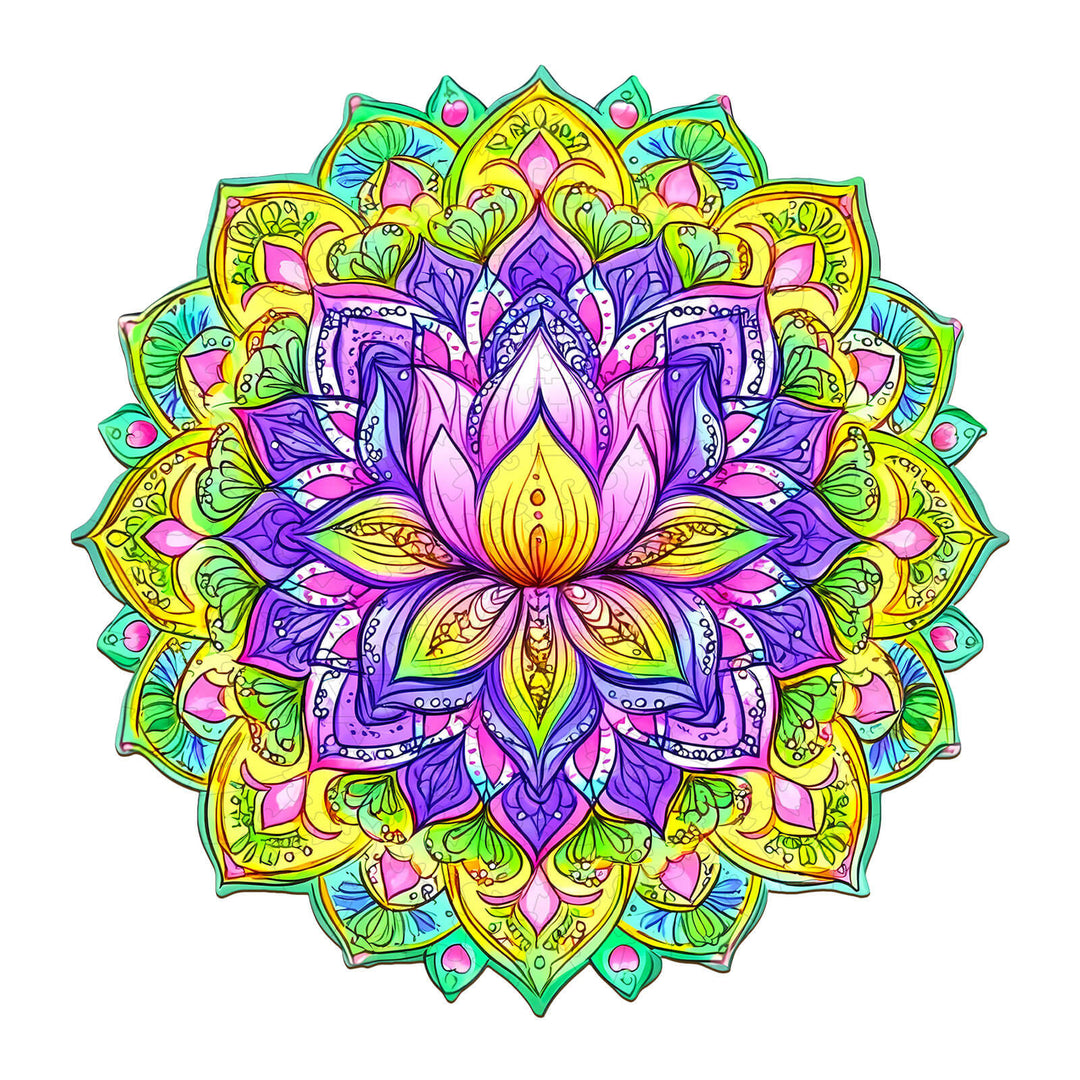 Colorful Mandala Lotus design featuring intricate patterns and shapes, ideal for jigsaw puzzle enthusiasts.