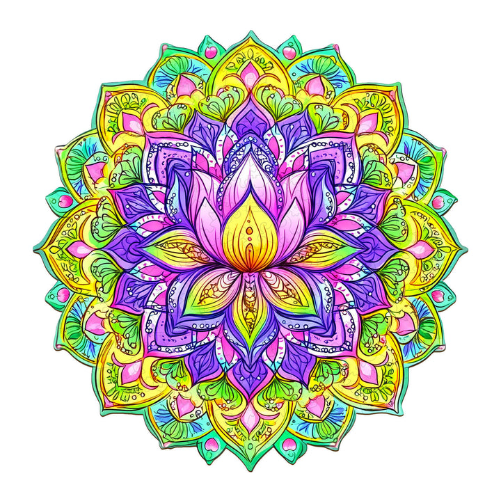 Colorful Mandala Lotus design featuring intricate patterns and shapes, ideal for jigsaw puzzle enthusiasts.