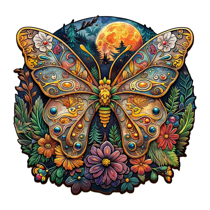 Detailed illustration of the Ancient Butterfly-1 wooden jigsaw puzzle featuring vibrant flowers and a full moon.
