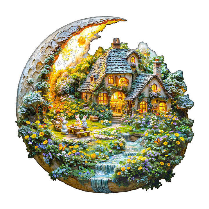 Moonlight Garden-2 wooden jigsaw puzzle featuring a whimsical cottage scene with blooming flowers and a serene waterfall.