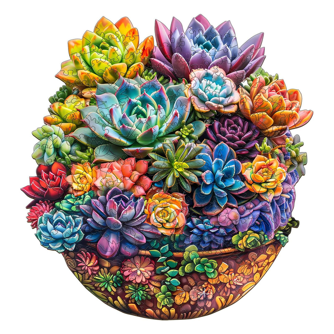 Colorful succulent jigsaw puzzle in a pot, perfect for enhancing focus and brain training during puzzle-solving.