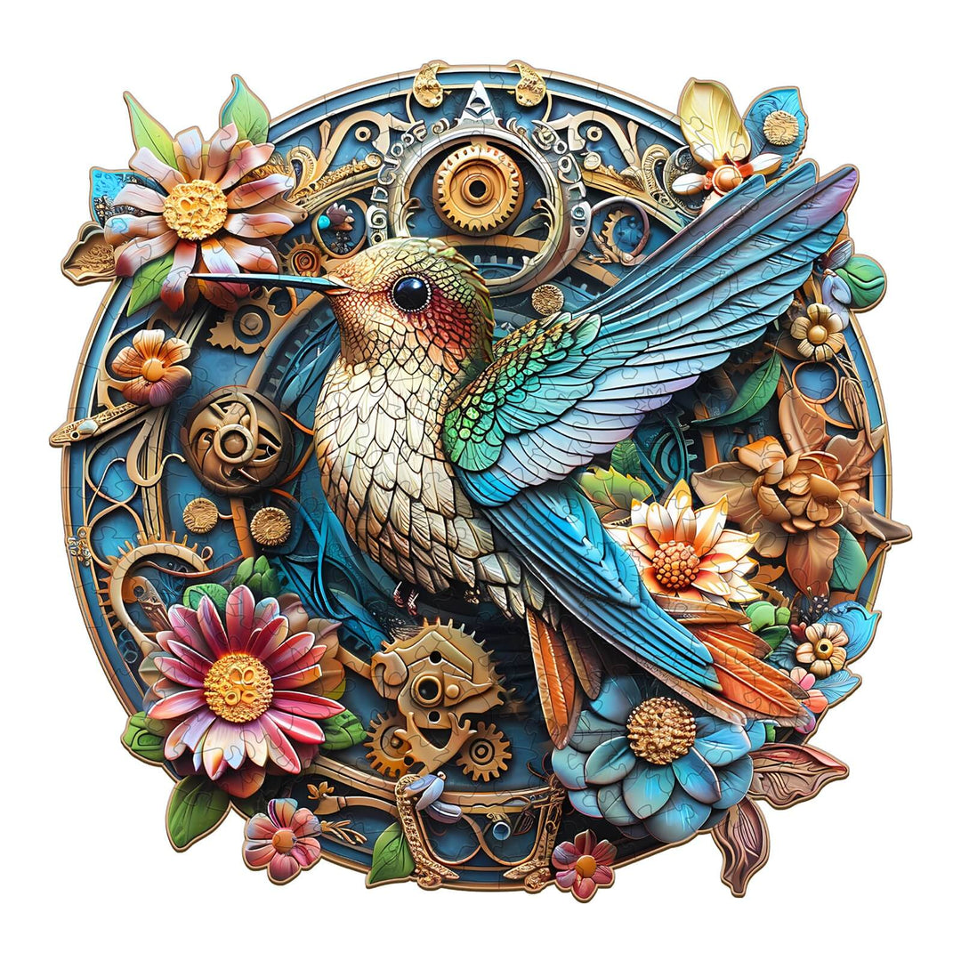 Colorful wooden puzzle featuring a vibrant hummingbird and floral elements, ideal for im enhancing focus and cognitive skills.