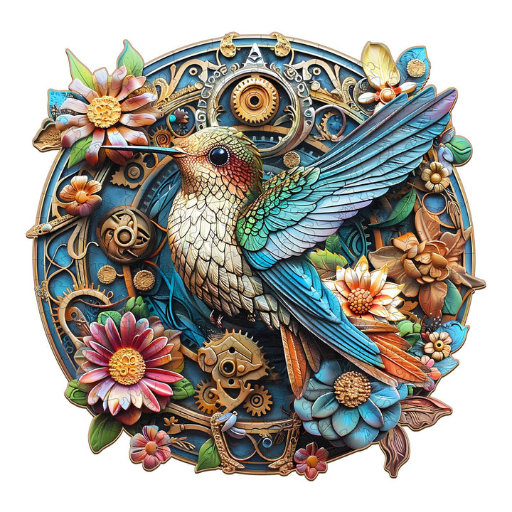Colorful wooden puzzle featuring a vibrant hummingbird and floral elements, ideal for im enhancing focus and cognitive skills.