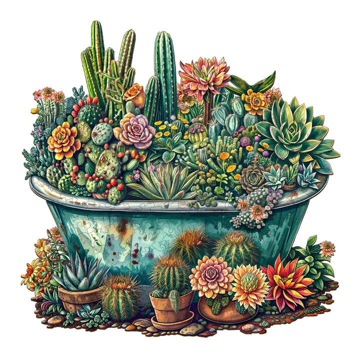 Vibrant illustration of a bathtub filled with various colorful cacti and succulents, showcasing nature's beauty.