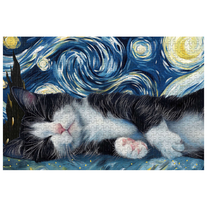 Sleeping Cat jigsaw puzzle featuring vibrant starry night background, perfect for puzzle lovers seeking mental challenges.