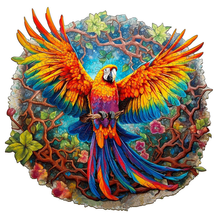 Colorful Curious Parrot wooden jigsaw puzzle featuring vibrant designs and unique piece shapes.