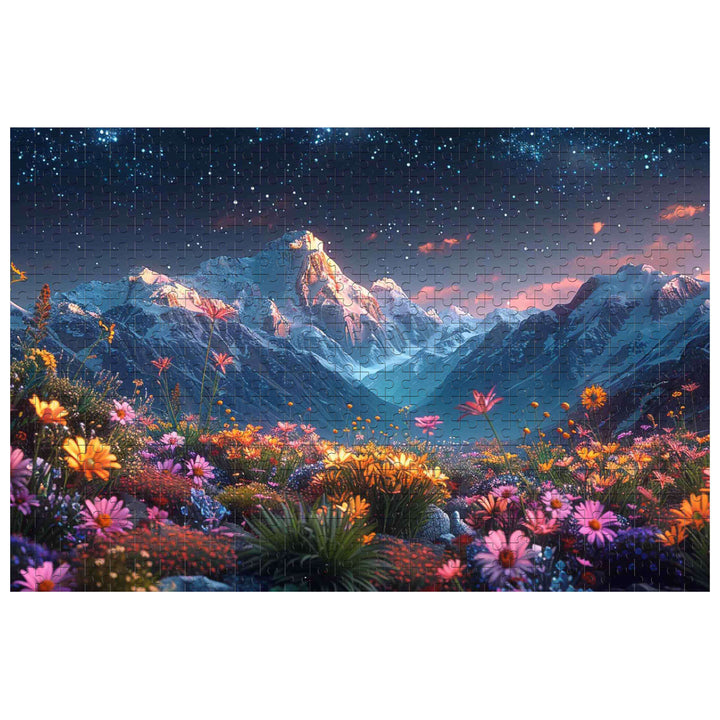 Starry Sky Garden 500/1000 piece puzzle featuring vibrant flowers and majestic mountains under a starry night sky.