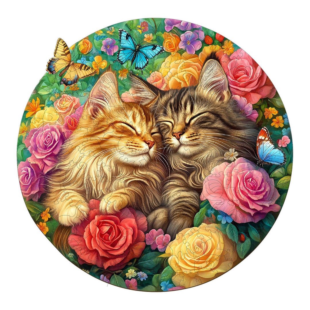 Cats in love surrounded by colorful flowers and butterflies, showcasing warmth and affection in a vibrant jigsaw puzzle design.