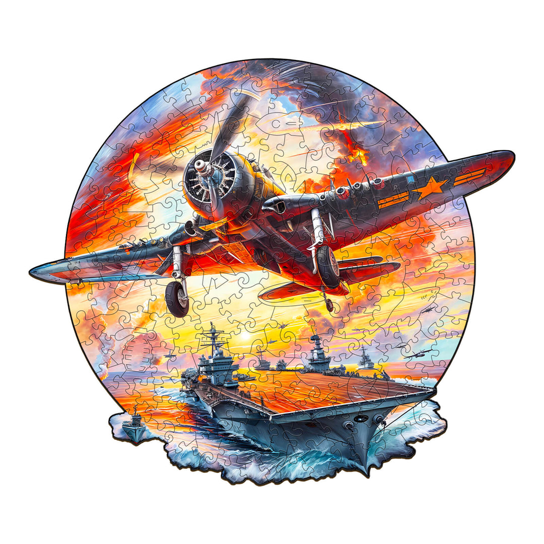 Fighter Plane Wooden Jigsaw Puzzle featuring a vintage aircraft above a carrier in a colorful sky.