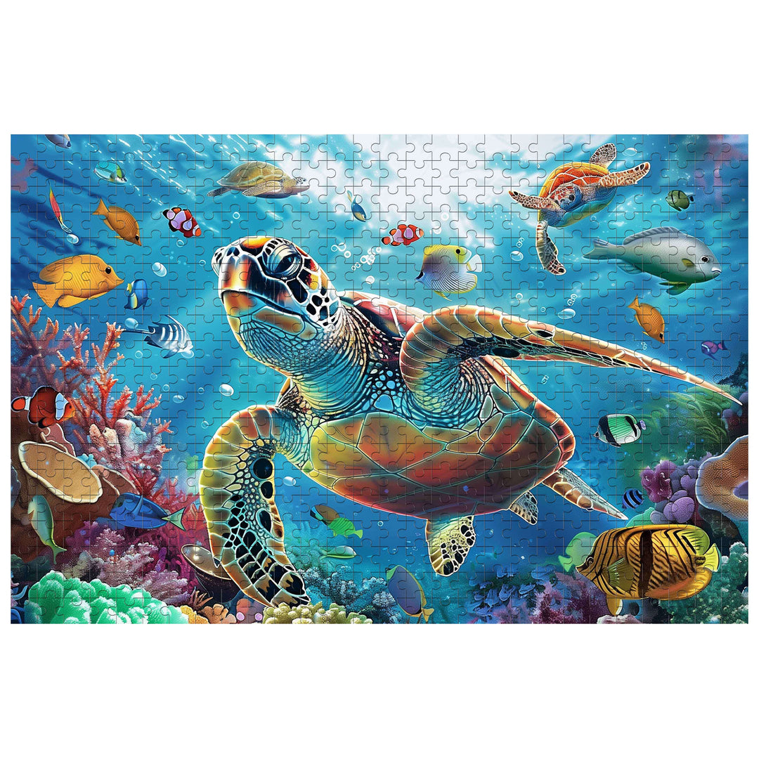 Colorful underwater scene puzzle featuring a sea turtle and various fish, ideal for jigsaw puzzle enthusiasts.