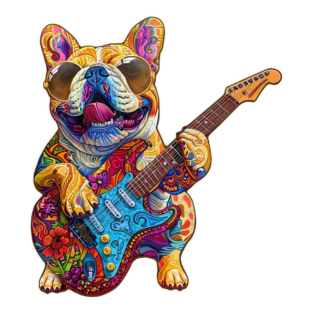 Colorful Rock Dog wooden jigsaw puzzle featuring a vibrant French Bulldog playing guitar, perfect for mind games and focus.