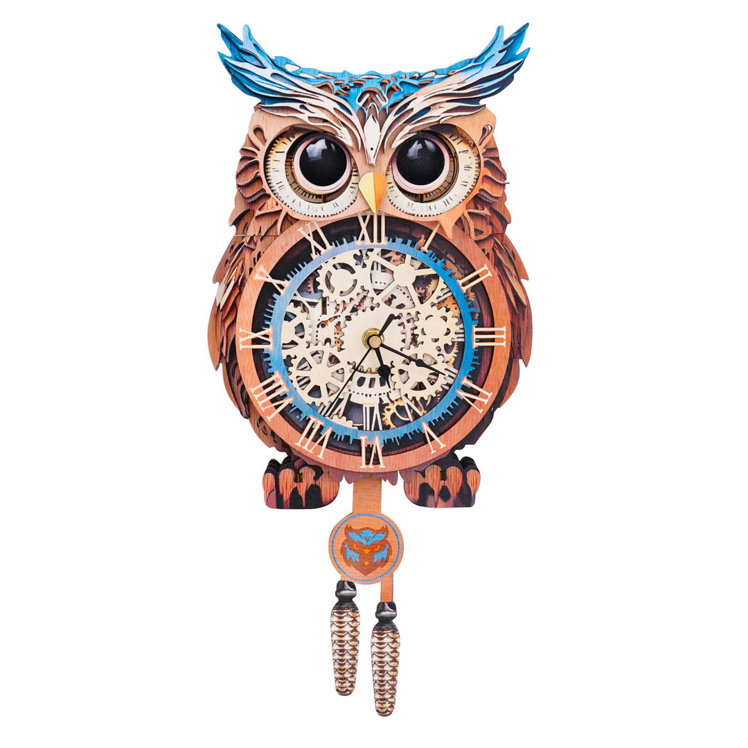 3D wooden owl clock puzzle kit with intricate design and moving gears, ideal for DIY crafting enthusiasts.