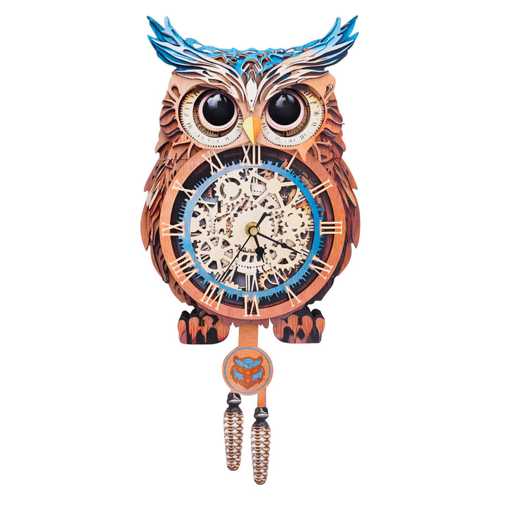 3D wooden owl clock puzzle kit with intricate design and moving gears, ideal for DIY crafting enthusiasts.