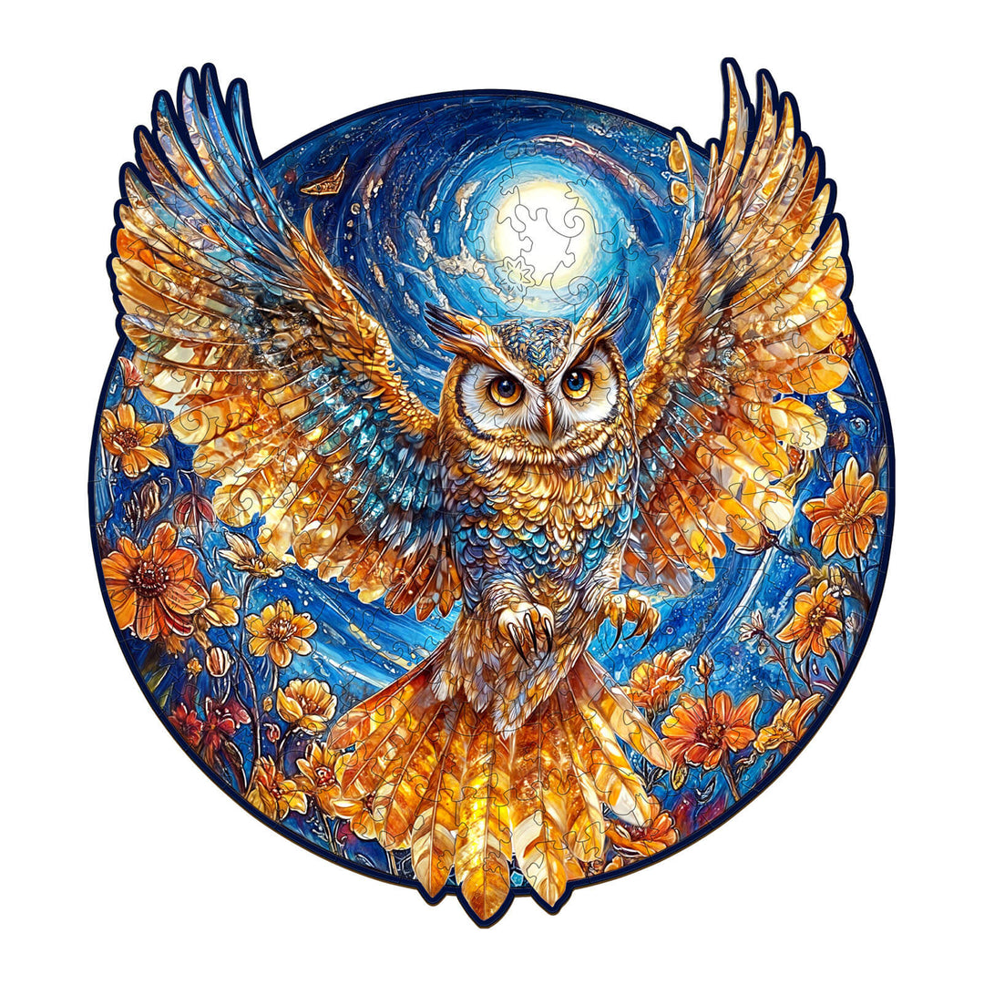Golden Owl Wooden Jigsaw Puzzle featuring vibrant colors, floral designs, and intricate details, perfect for puzzle lovers.