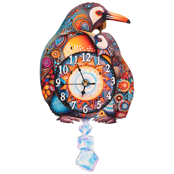Colorful parent-child penguin wooden clock with vibrant patterns and numbers, perfect for DIY craft lovers.