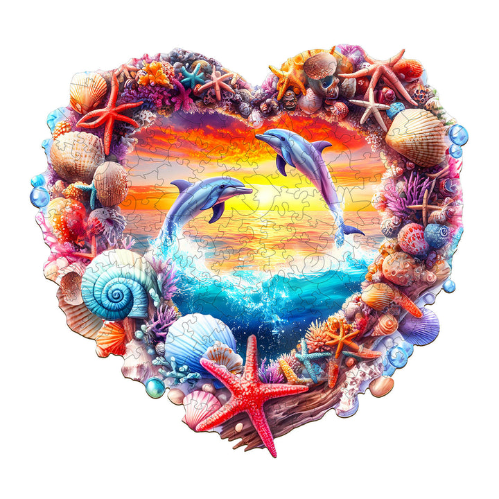 Heart-shaped Coral and Dolphin wooden jigsaw puzzle featuring vibrant marine life and sunset colors.