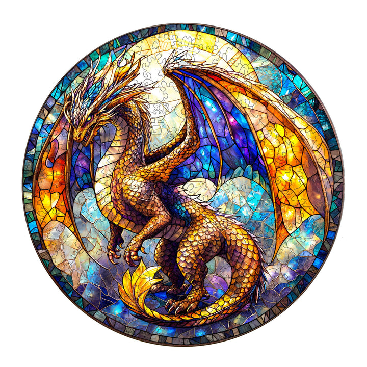Stained glass dragon wooden jigsaw puzzle featuring intricate golden design and vibrant colors, perfect for display.