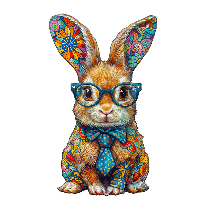 Colored bunny wooden jigsaw puzzle featuring a stylish rabbit with glasses and a bow tie, promoting focus and cognitive skills.