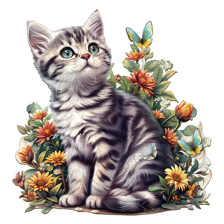 Colorful American Shorthair cat surrounded by flowers, designed for jigsaw puzzle enthusiasts and mind games.
