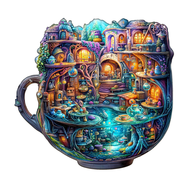 Vivid Enchanted Teapot wooden jigsaw puzzle featuring intricate designs and a magical scene for puzzle lovers.