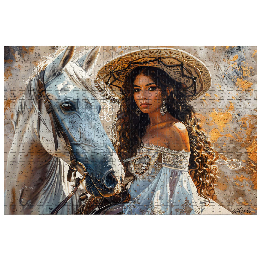 White Horse and Princess 500/1000 piece puzzle, featuring a beautiful princess and her majestic white horse.
