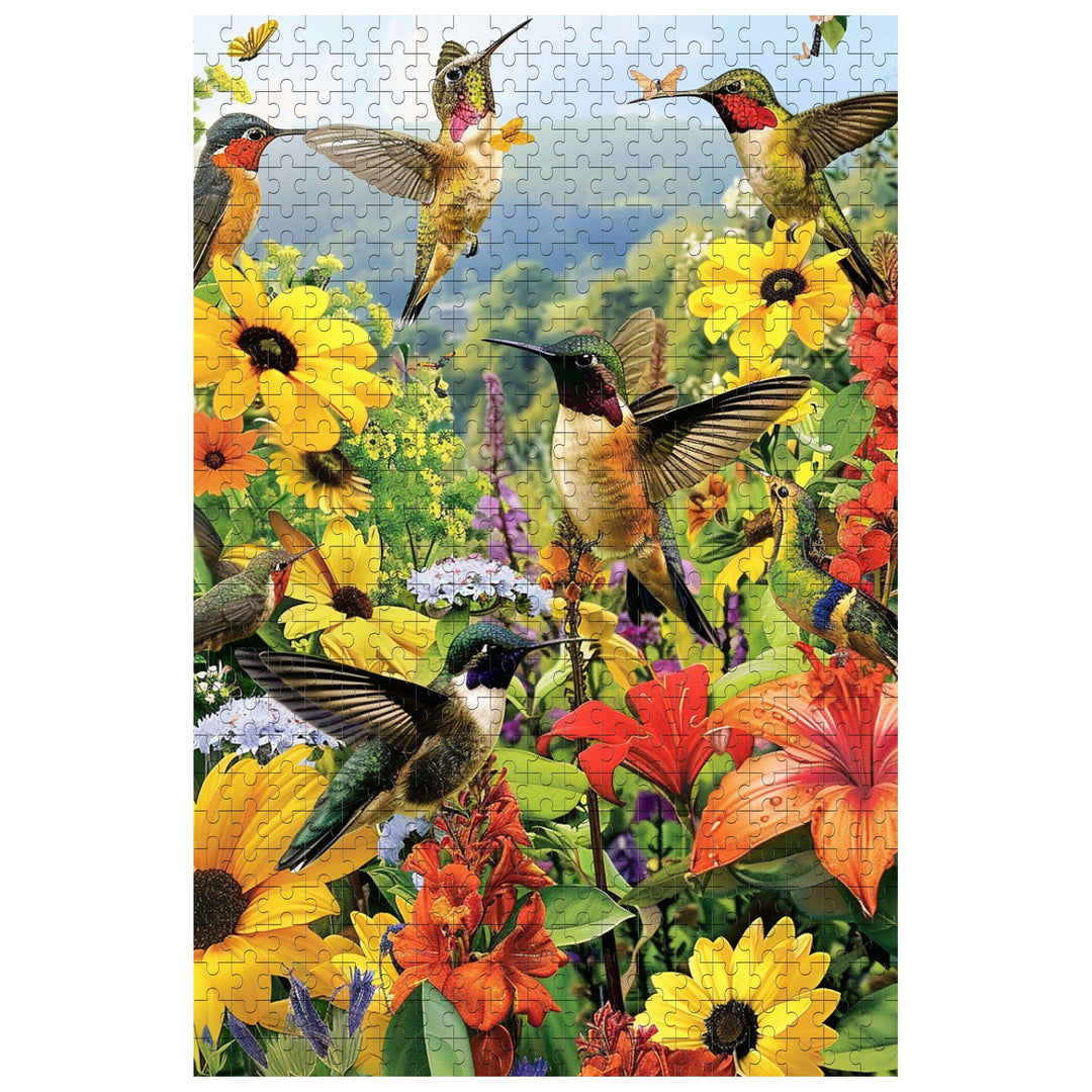 Colorful hummingbirds surrounded by vibrant flowers in a detailed jigsaw puzzle design, perfect for puzzle enthusiasts.