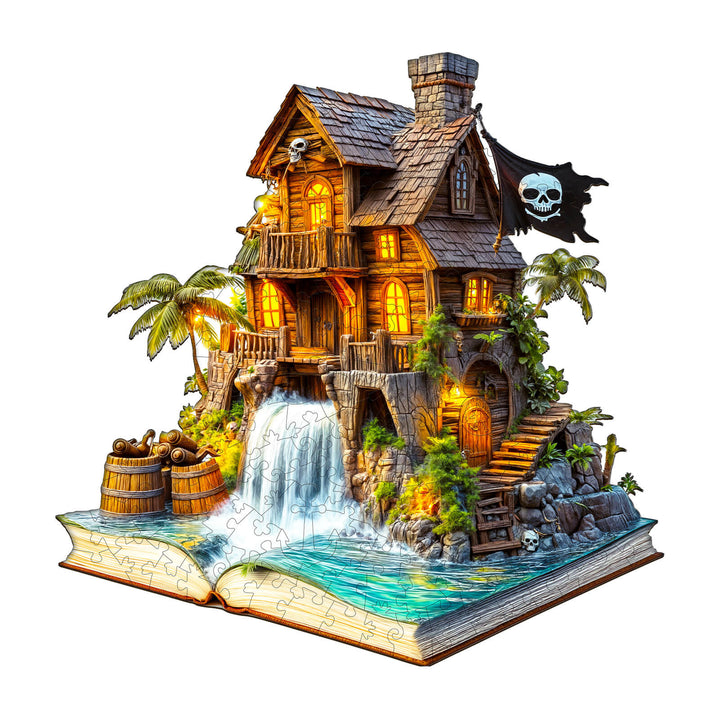 Colorful wooden jigsaw puzzle of a pirate cabin with waterfall, palm trees, and a pirate flag, designed for mind games and focus.