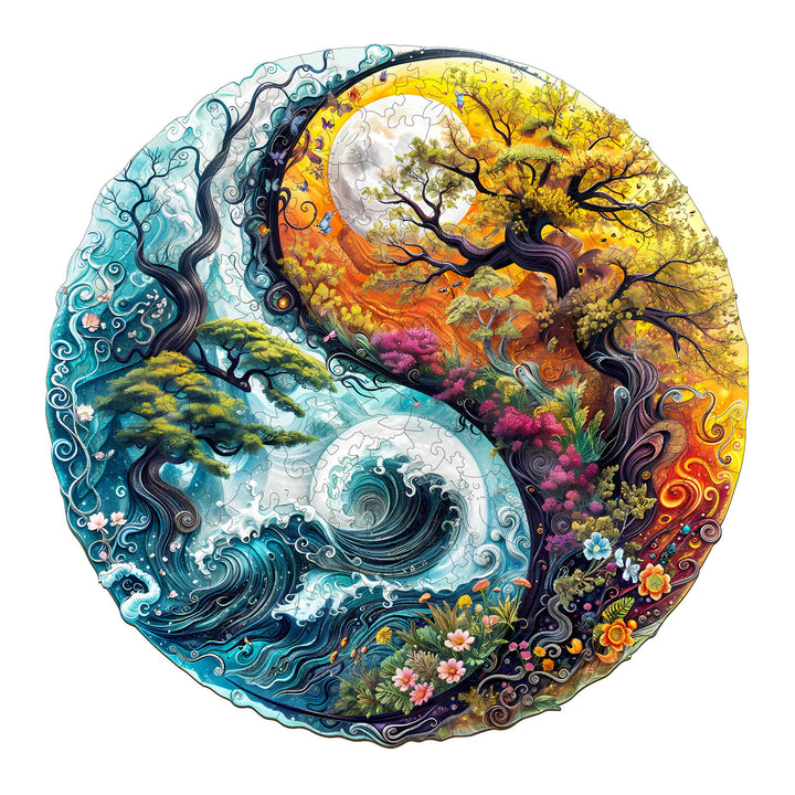 Yin yang landscape-2 wooden jigsaw puzzle featuring vibrant nature scenes and waves for mind games and focus.