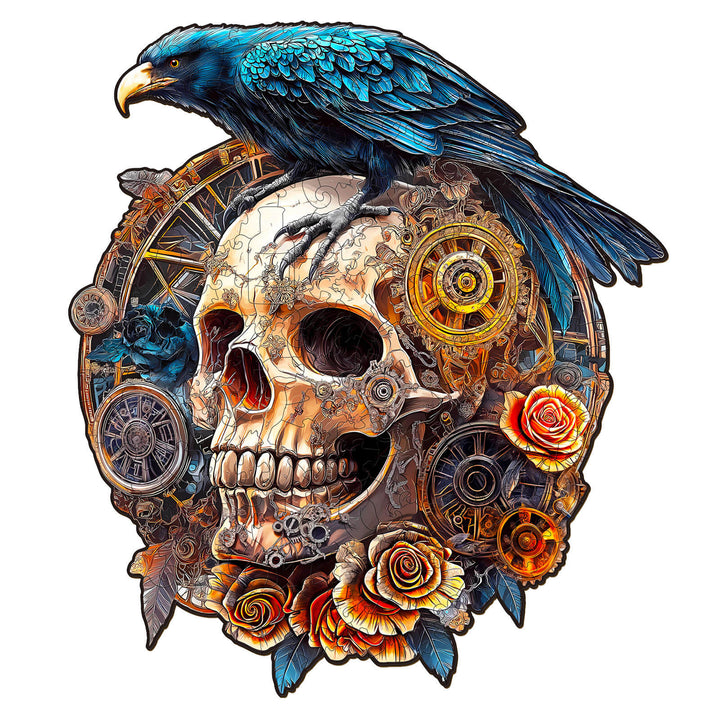 3D Mechanical Skull & Raven wooden jigsaw puzzle featuring intricate gears and colorful roses.