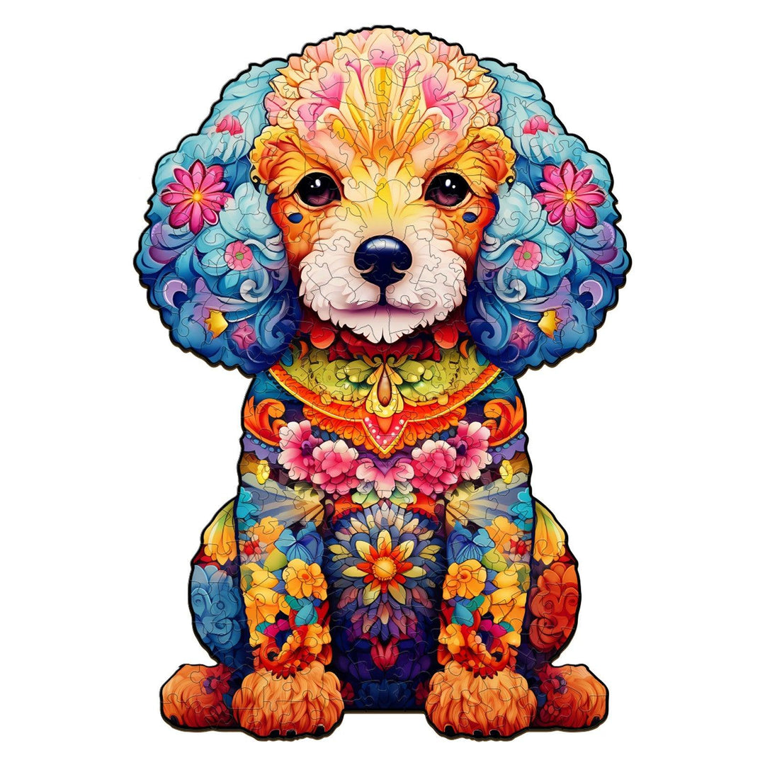 Colorful cute poodle jigsaw puzzle with floral design, perfect for puzzle enthusiasts and dog lovers.