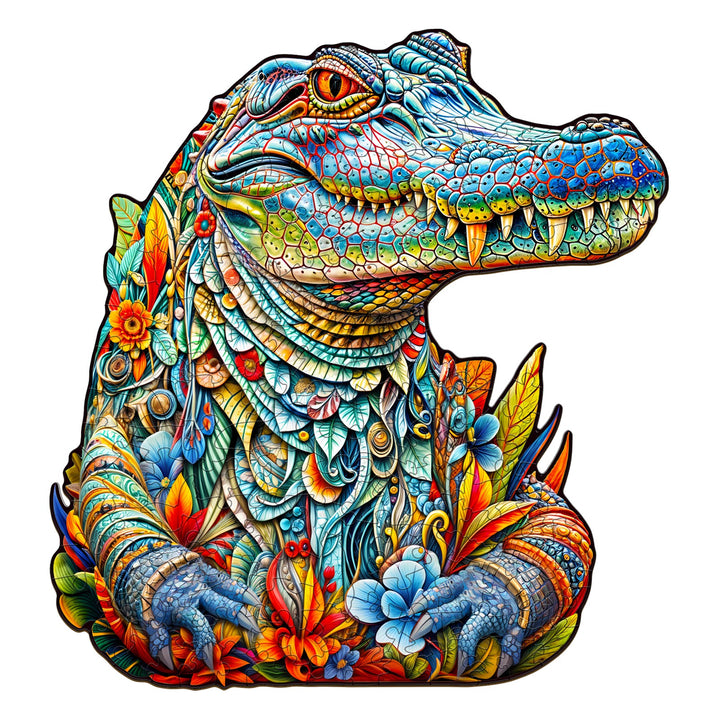 Colorful crocodile wooden jigsaw puzzle featuring intricate designs and floral elements for mind games and focus.