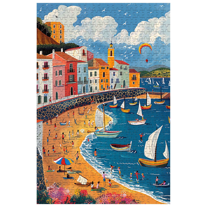 Colorful City Beach puzzle featuring boats, beachgoers, and scenic waterfront, perfect for jigsaw enthusiasts.